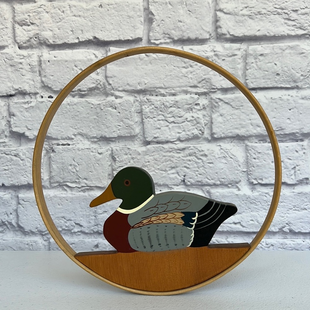 Mallard Duck Wreath Vintage Wooden Signed Painted Duck Round 10” Wood Decor